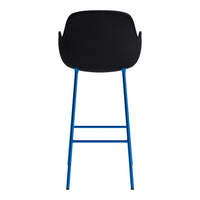 Black chair with a smooth seat and vibrant blue metal legs, showcasing a modern minimalist design.