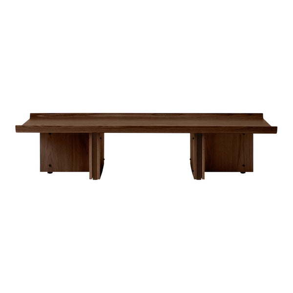 Dark brown wooden shelf with a smooth surface and simple, modern design. Ideal for stylish home decor.