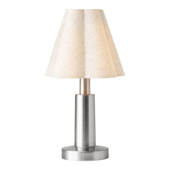 Beige textured lampshade with a silver metal base, perfect for modern decor. Soft, neutral tones enhance any space.