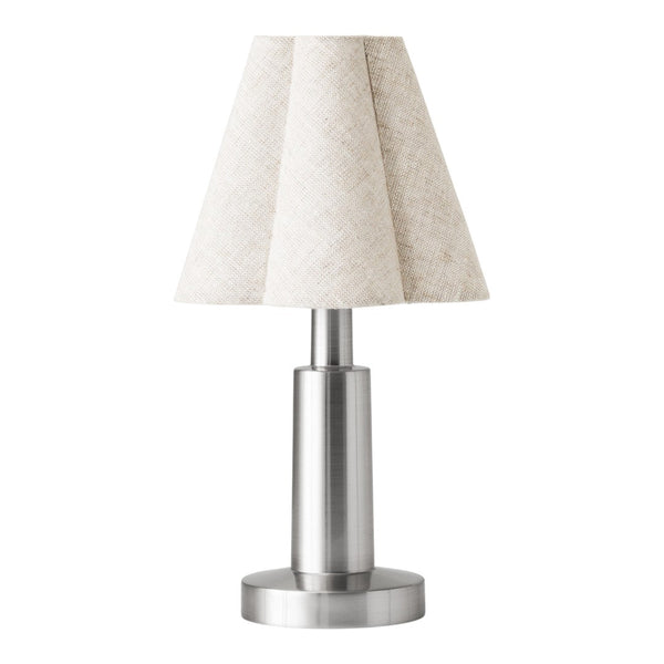 Silver table lamp with a textured cream fabric shade in a modern design. Perfect for contemporary decor.