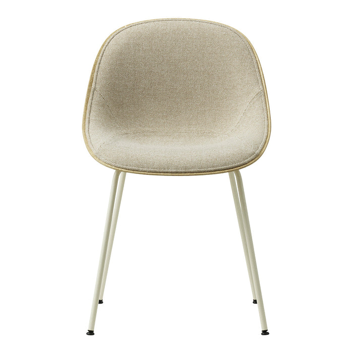 Beige upholstered chair with a subtle texture and light-colored legs, featuring a minimalist design.