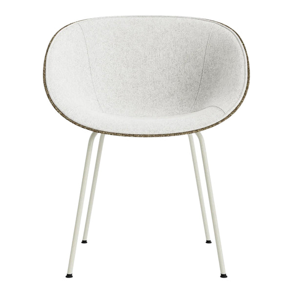 White upholstered chair with a smooth finish and soft gray edge detailing, supported by slender metal legs.
