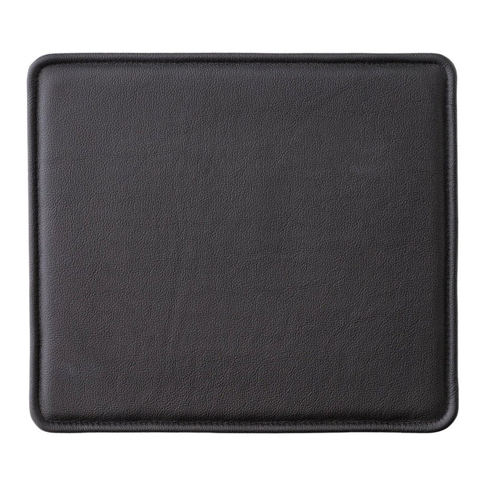 Black faux leather square coaster with a smooth, glossy finish and rounded edges. Ideal for modern dining.