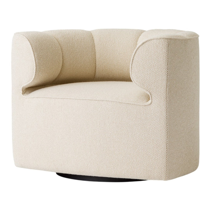 Beige upholstered swivel chair with subtle curves and a smooth texture, featuring a minimalist design and cozy appeal.