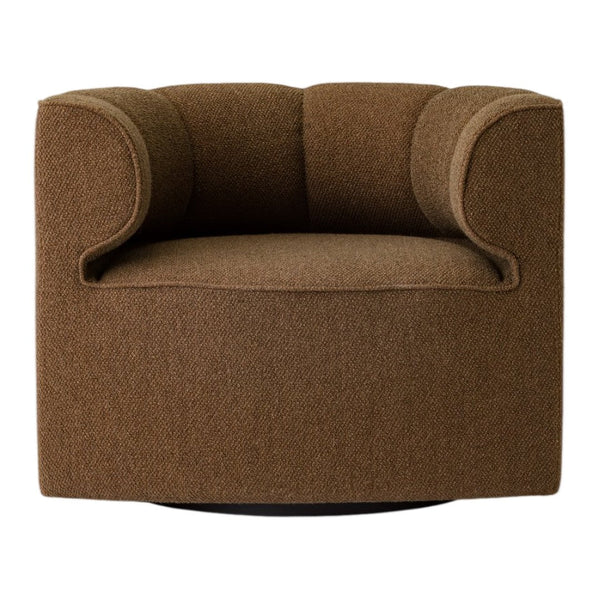 Round brown upholstered swivel chair with soft texture and curved arms, perfect for cozy living spaces.
