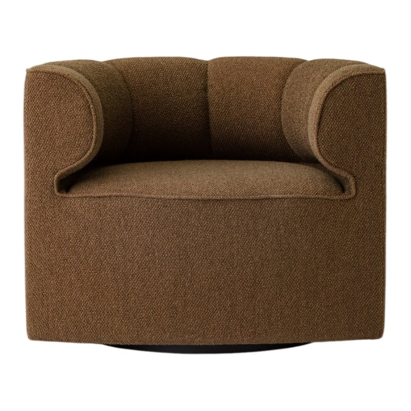 Round brown upholstered swivel chair with soft texture and curved arms, perfect for cozy living spaces.