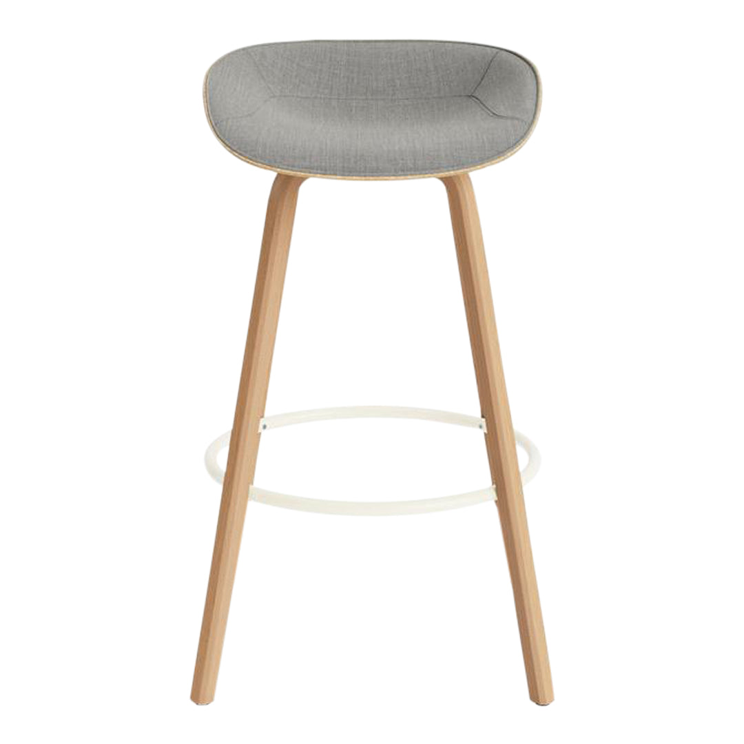 Gray upholstered bar stool with light wooden legs and a minimalist design. Perfect for modern decor.