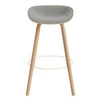 Gray upholstered bar stool with light wooden legs and a minimalist design. Perfect for modern decor.