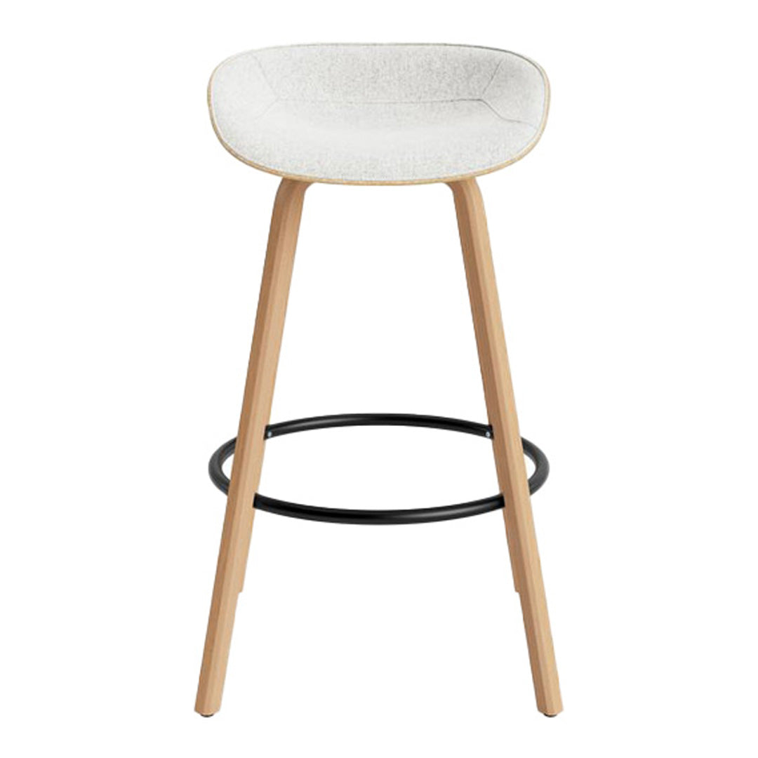 Light gray padded seat with natural wood legs and a black footrest, featuring a simple, modern design.
