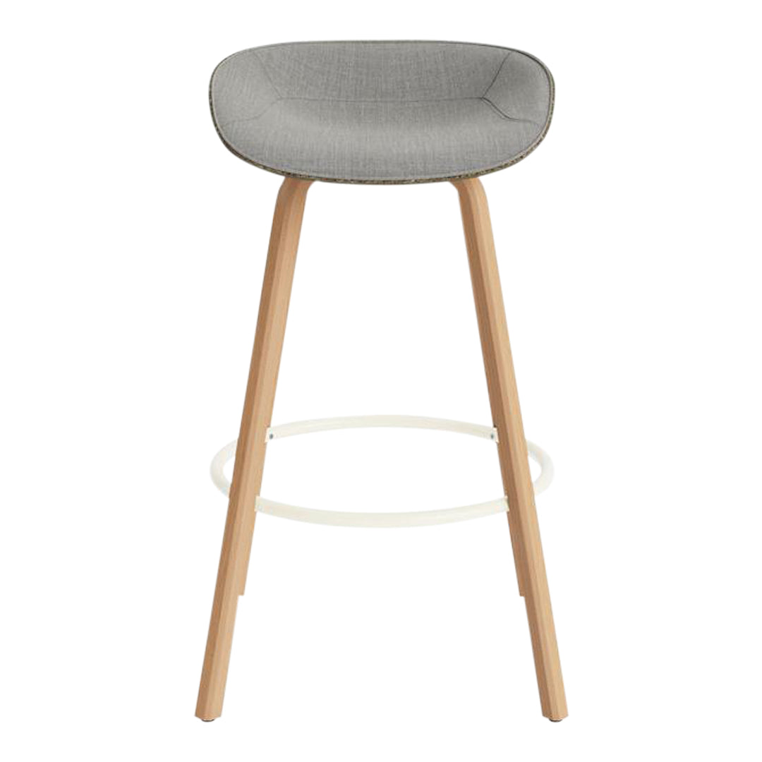 Gray upholstered bar stool with natural wood legs and minimalistic design. Perfect for modern interiors.