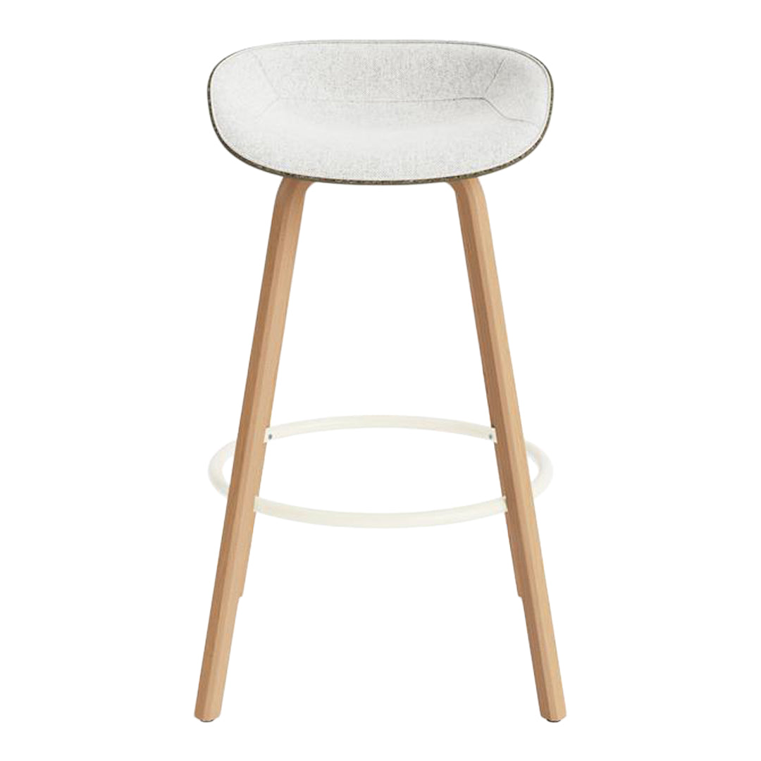 White upholstered bar stool with light wood legs and a simple, modern design. Accented with subtle gray stitching.