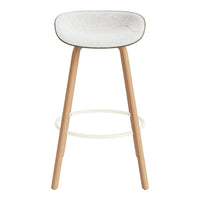 White upholstered bar stool with light wood legs and a simple, modern design. Accented with subtle gray stitching.