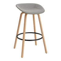 Gray upholstered bar stool with a smooth, rounded seat and natural wooden legs, featuring a simple black footrest.