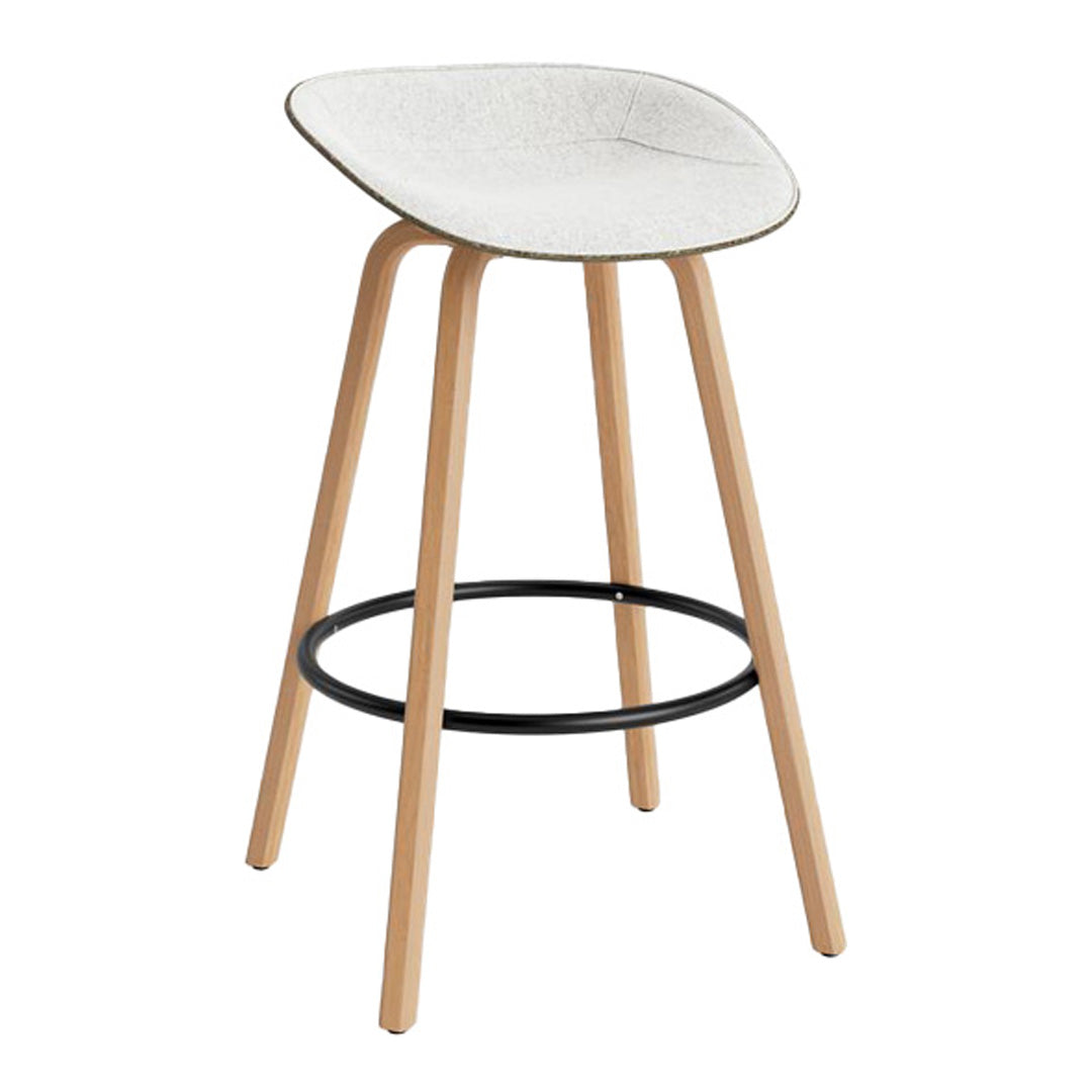 Modern white upholstered bar stool with natural wood legs and a sleek black footrest. Elegant and minimalist design.