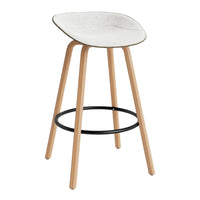 Modern white upholstered bar stool with natural wood legs and a sleek black footrest. Elegant and minimalist design.