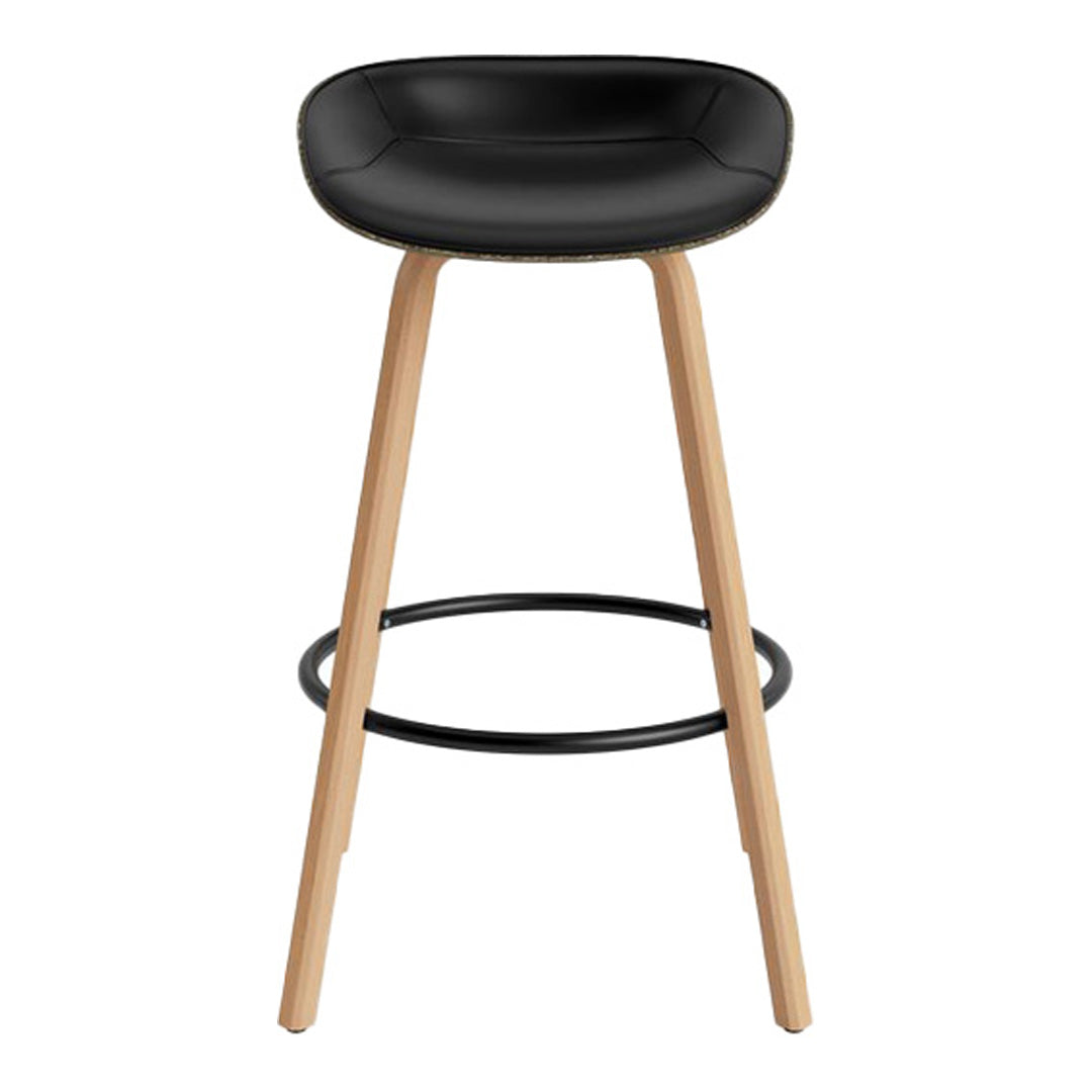 Black upholstered bar stool with natural wood legs and a sleek, modern design. Perfect for contemporary spaces.
