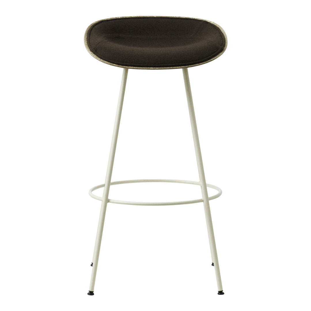 Brown cushioned stool with a sleek white metal frame and minimalistic design. Perfect for modern spaces.