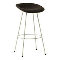 Modern bar stool with a sleek brown seat and thin white metal legs, featuring a minimalist design.