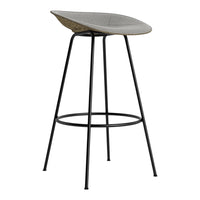 Gray textured seat with a natural wood finish on a sleek black metal frame. Modern minimalistic design.