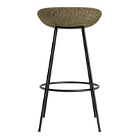 Brown textured seat on a sleek black metal frame bar stool, perfect for modern decor.
