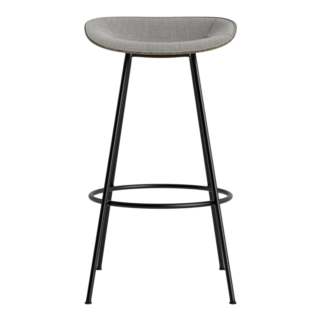 Gray upholstered bar stool with a sleek black metal frame, featuring a minimalist design. Ideal for modern spaces.