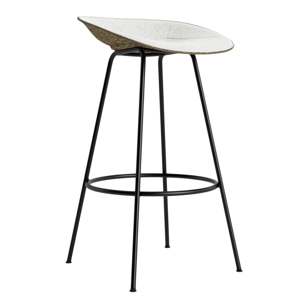 Stylish black metal bar stool with a smooth, light gray seat and minimalist design. Perfect for modern decor.