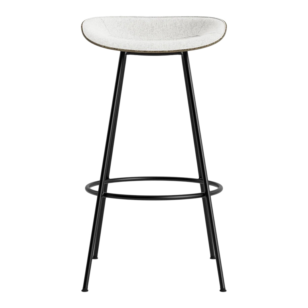 White upholstered bar stool with a subtle texture, featuring a sleek black metal frame. Modern minimalist design.