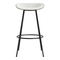 White upholstered bar stool with a subtle texture, featuring a sleek black metal frame. Modern minimalist design.