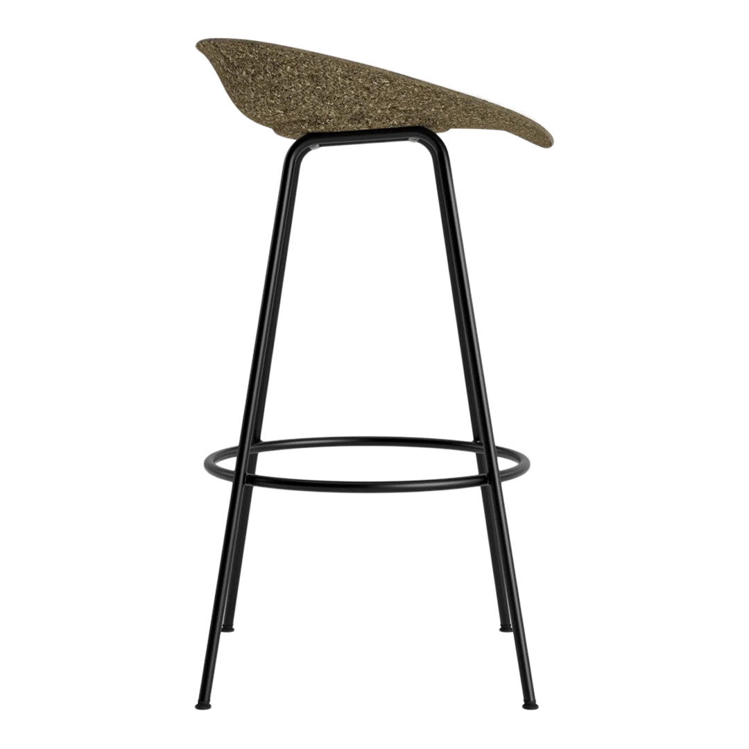 Modern bar stool featuring a textured brown seat and sleek black metal legs. Minimalist design ideal for contemporary decor.