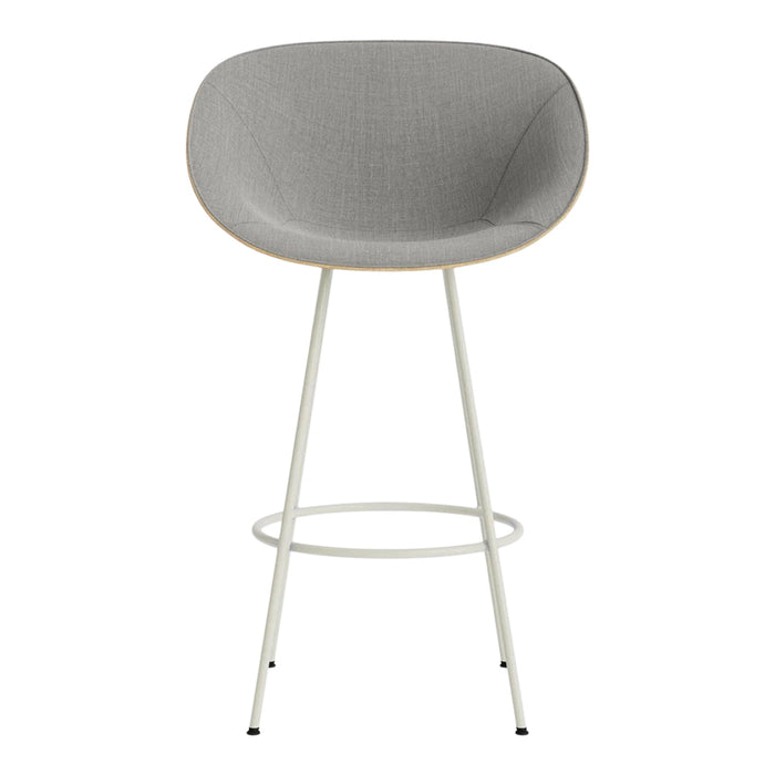 Gray upholstered bar stool with a smooth finish and white metal legs, featuring a minimalist design.