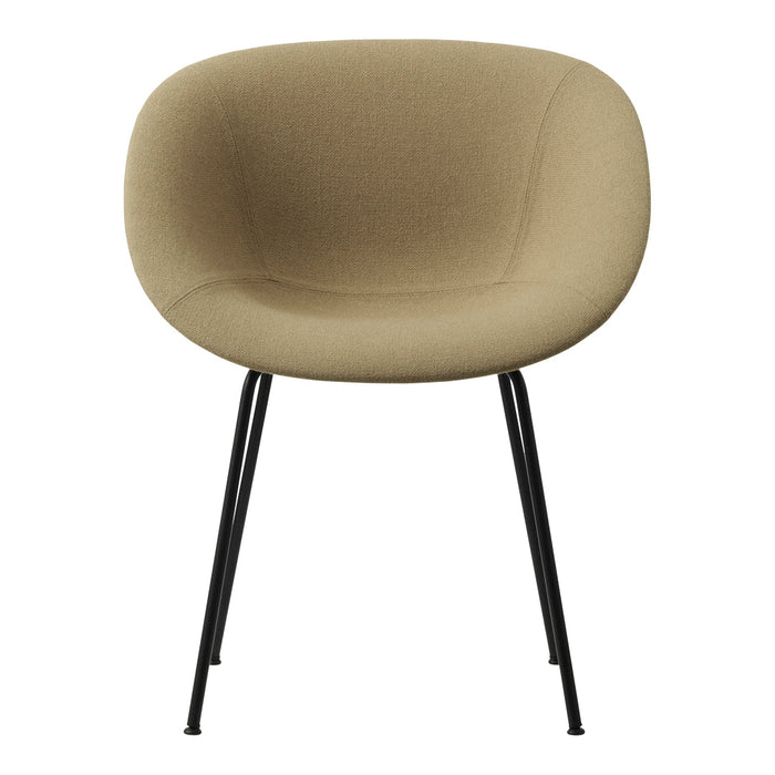 Beige fabric chair with a smooth texture and slim black metal legs, offering a modern and minimalist design.