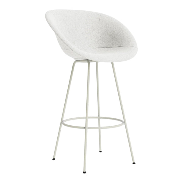 White upholstered bar stool with a smooth, minimalist design and slender metal legs. Perfect for modern interiors.