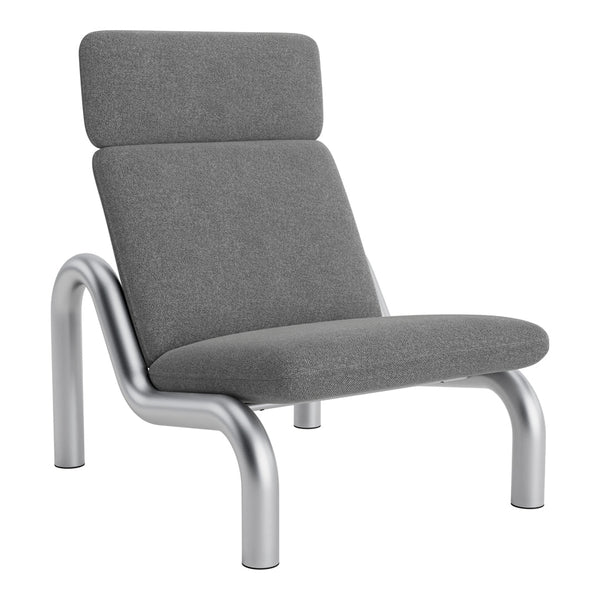 Gray upholstered chair with a modern silver frame, featuring a sleek, minimalistic design and no visible patterns.