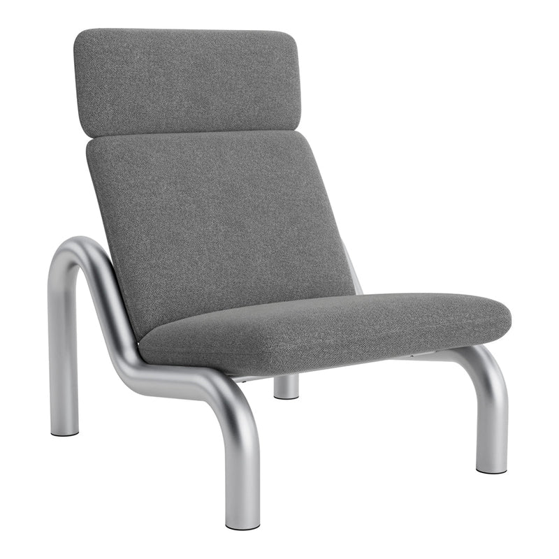 Gray upholstered chair with a modern silver frame, featuring a sleek, minimalistic design and no visible patterns.