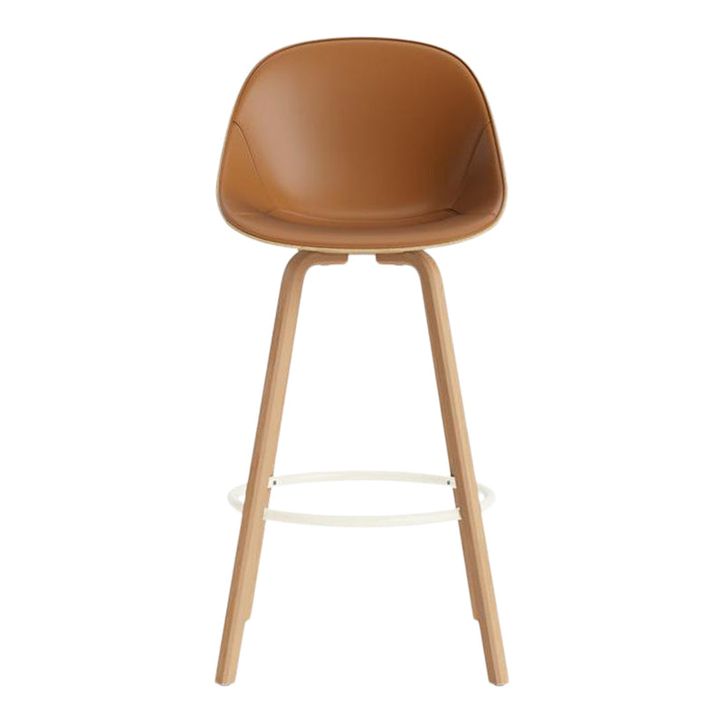 Brown upholstered bar stool with light wooden legs and a minimalist design, ideal for modern decor.