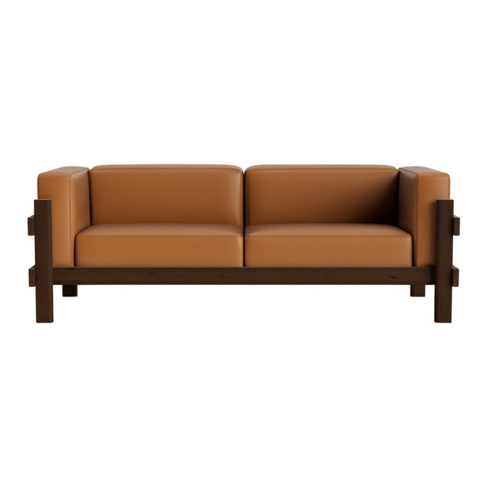 Tan leather sofa with smooth cushions and dark wooden frame for a modern, stylish look.