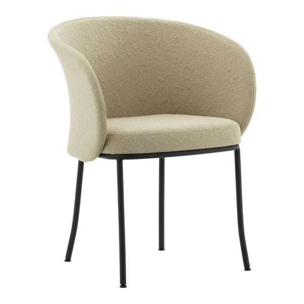 Beige textured fabric chair with curved back and sleek black metal legs. Modern and minimalist design.