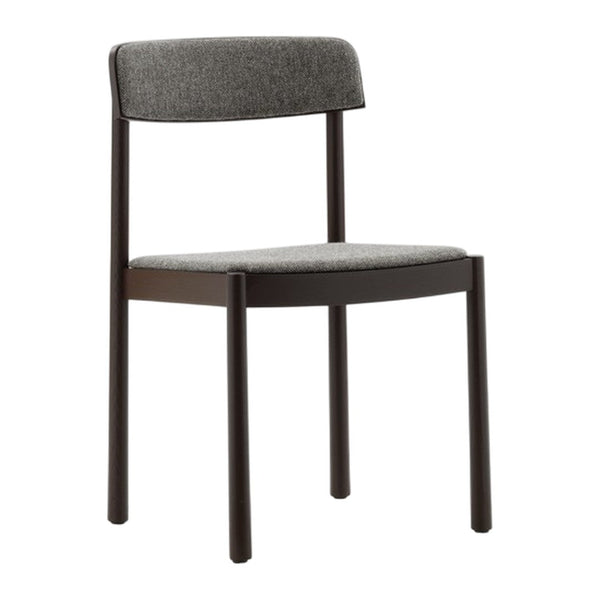 Gray fabric upholstered dining chair with dark wood legs and minimalist design. Ideal for modern interiors.