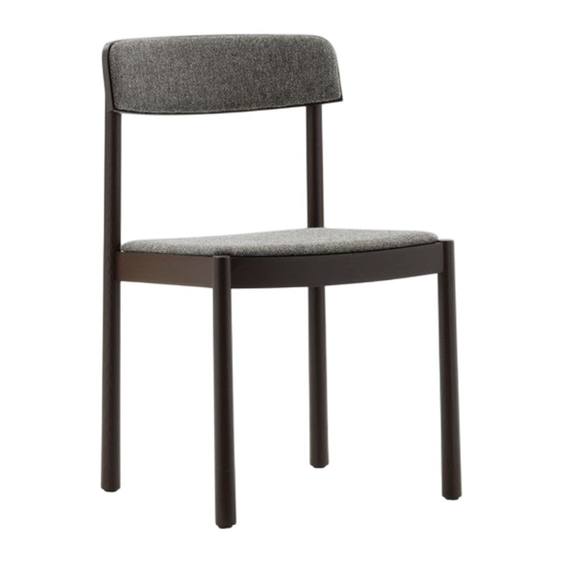 Gray fabric upholstered dining chair with dark wood legs and minimalist design. Ideal for modern interiors.