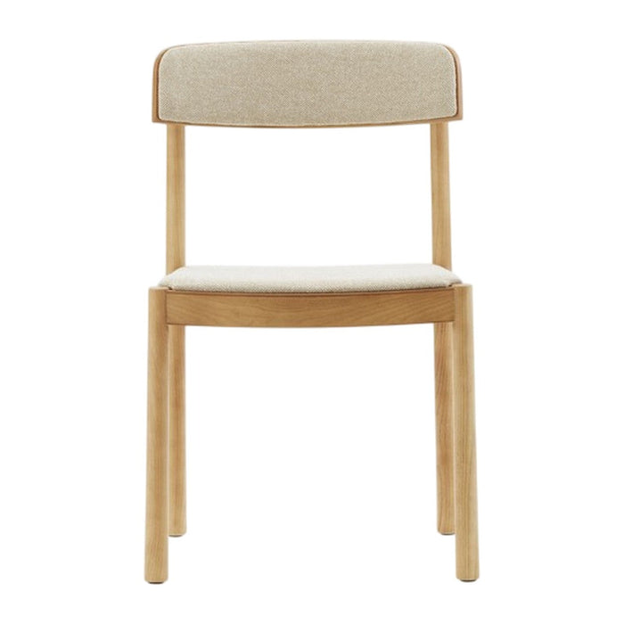 Light beige upholstered chair with natural wood legs and a minimalist design. Perfect for modern decor.