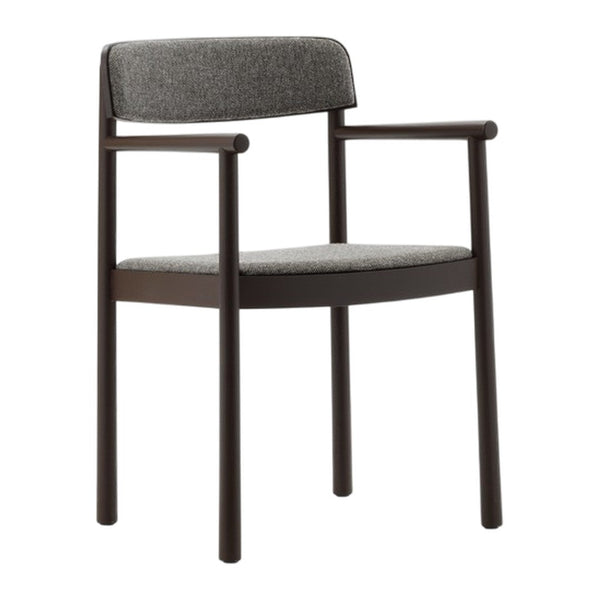 Gray upholstered chair with a dark brown wood frame, featuring a textured fabric pattern for a modern look.