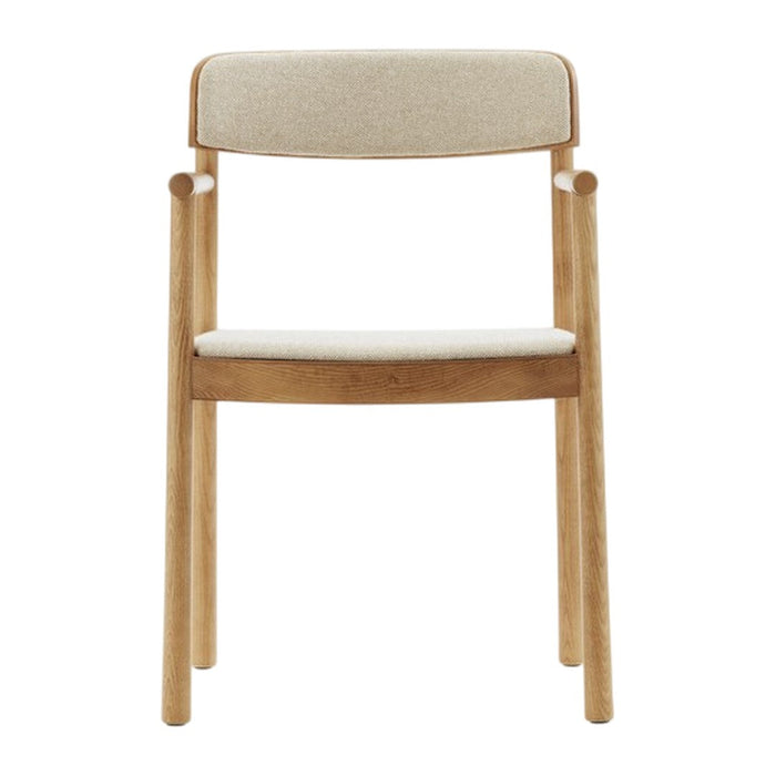 Neutral beige fabric upholstered chair with light oak wood frame and clean, minimalist design. Modern home decor accent.