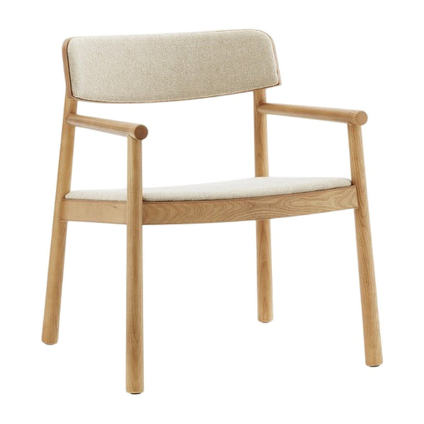 Beige upholstered chair with light wood frame, featuring a simple and elegant design. Perfect for modern interiors.