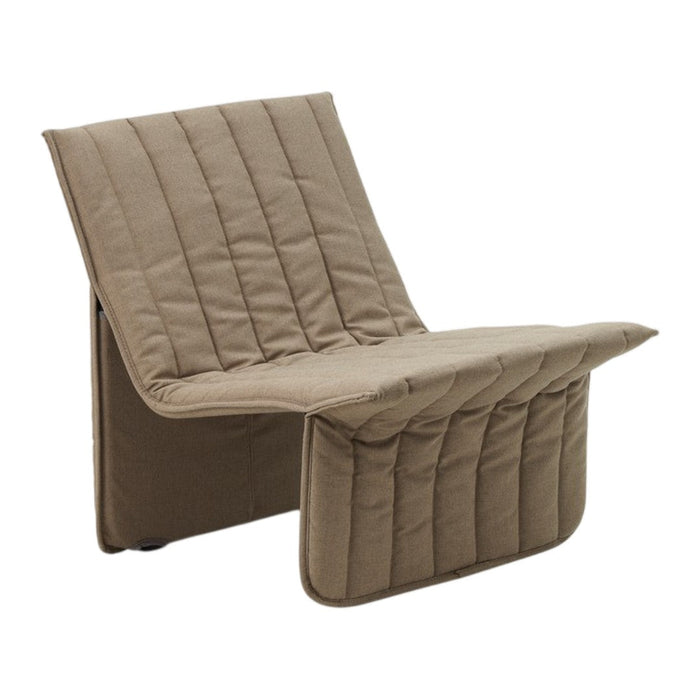 Minimalist quilted chair in warm beige tones with subtle vertical patterns.