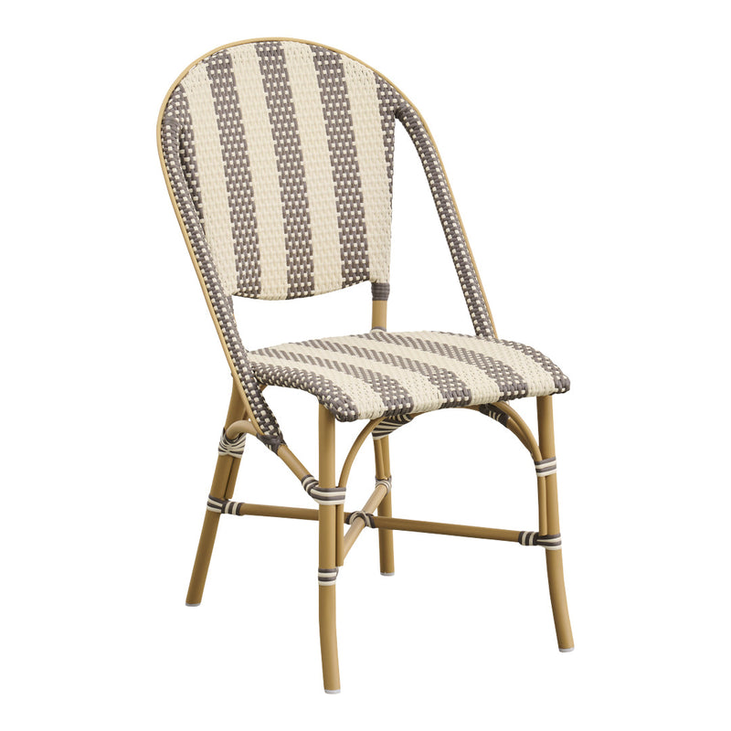 Striped chair in beige and brown wicker with a bamboo frame, perfect for indoor or outdoor settings.