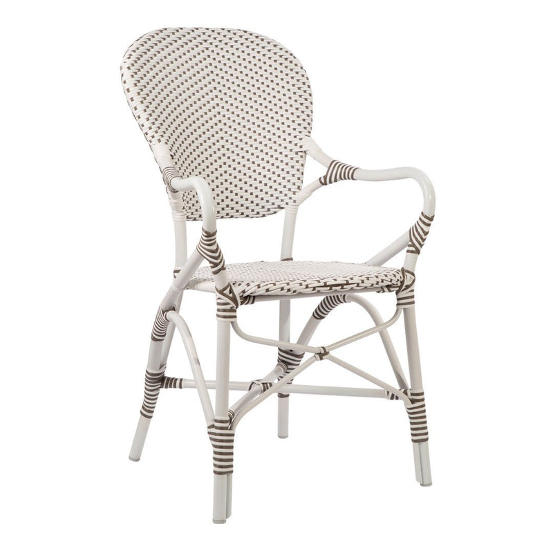 White and brown patterned chair with a woven design, showcasing stripes and geometric elements. Perfect for stylish seating.