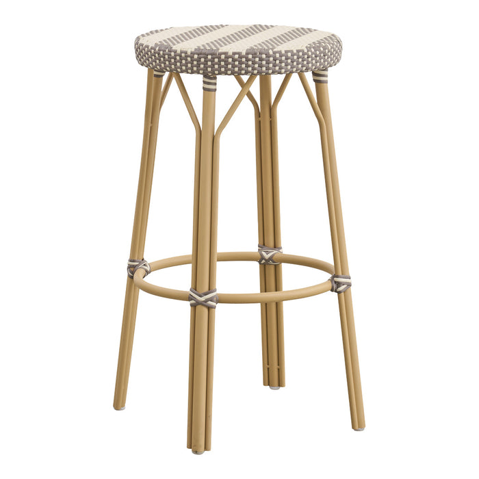 Striped round stool in beige and taupe, featuring a woven pattern on the seat and natural bamboo legs.