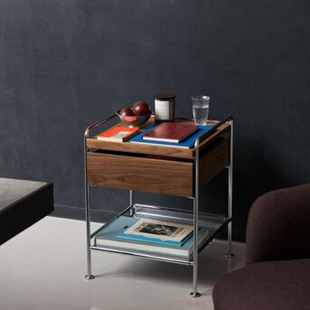Wooden nightstand with a sleek chrome frame, featuring a warm brown color and minimalist design.