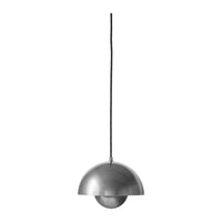 Sleek metallic gray pendant lamp with a smooth, round dome shape and black hanging cord. Perfect for modern decor.