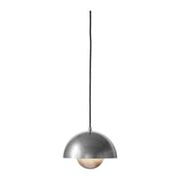 Sleek silver pendant light with a curved dome shape and warm amber glow. Modern minimalist design for stylish decor.